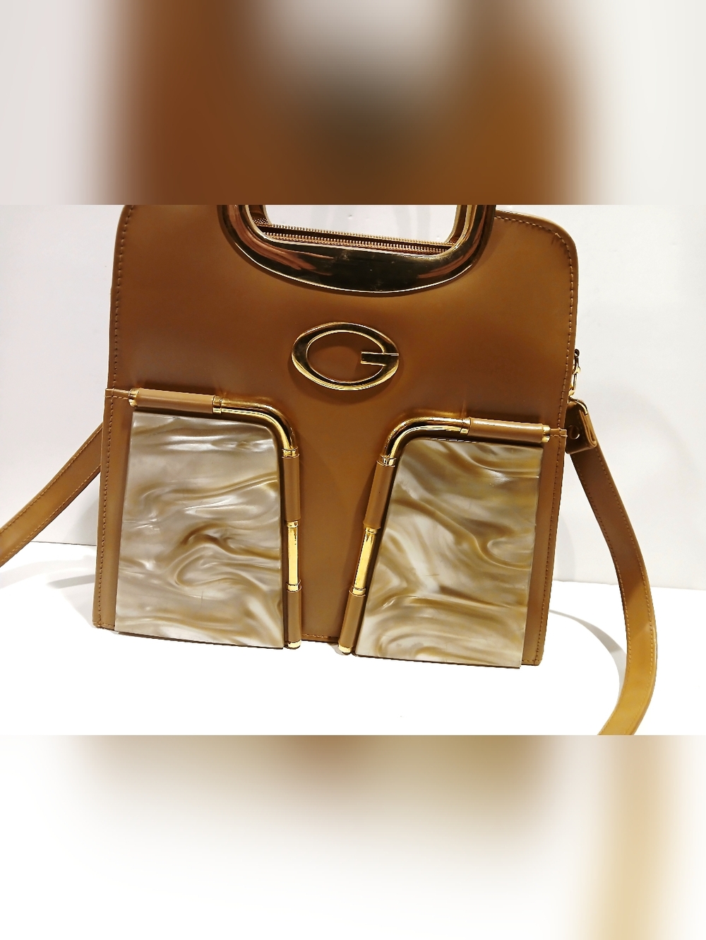 Leather Look Vinyl Shoulder Bag with Marble Lucite Accent - Brown